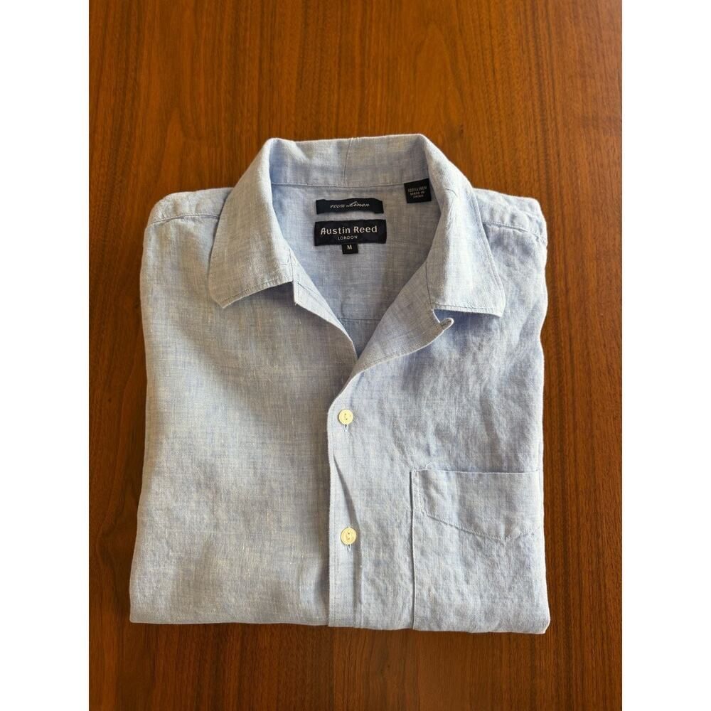 Austin Reed London Light Blue 100% Linen Short Sleeve Button Down Shirt Size M - Picture 3 of 3